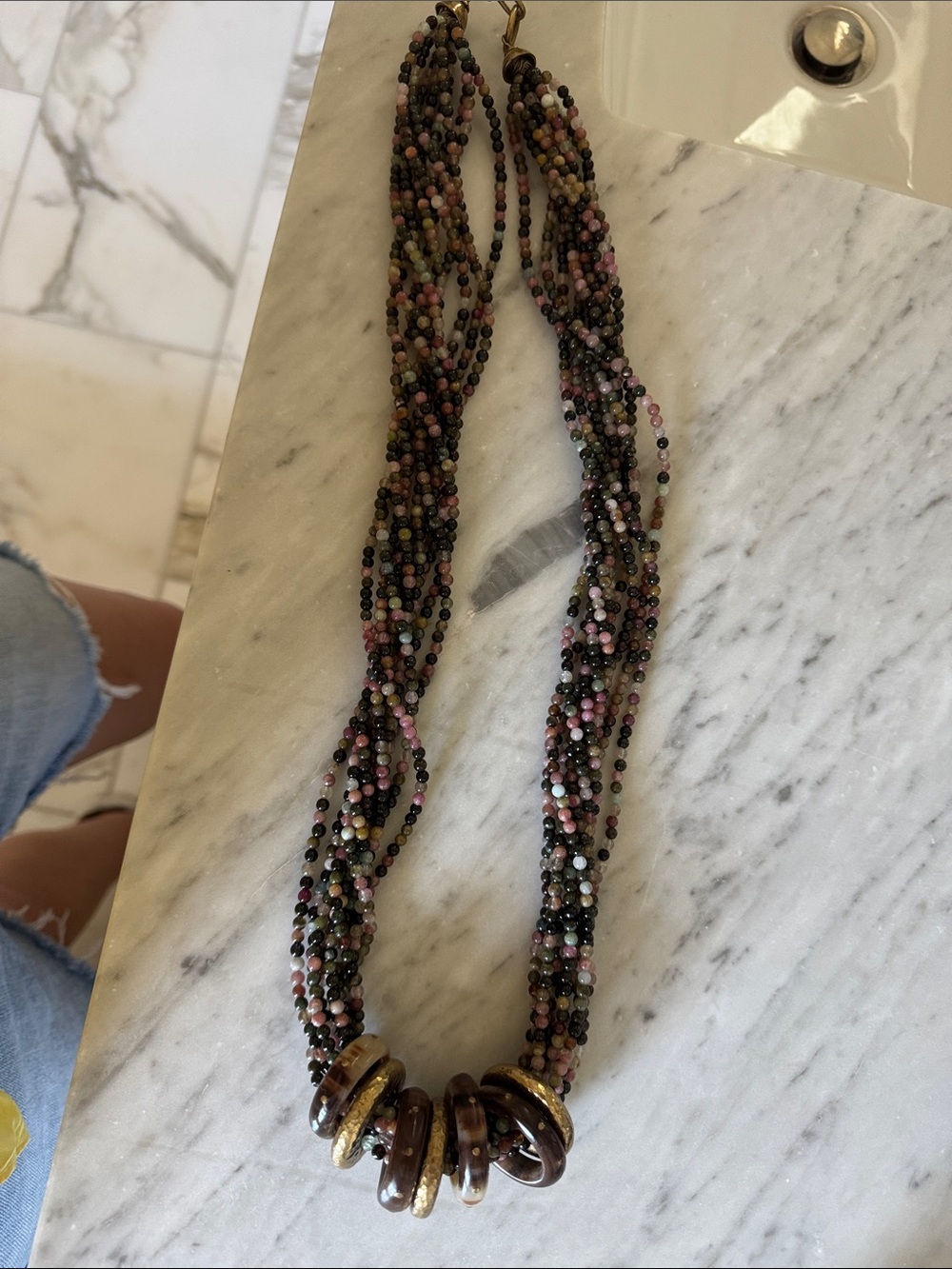 Multi-Strand Beaded Necklace in Pink, Brown and Black